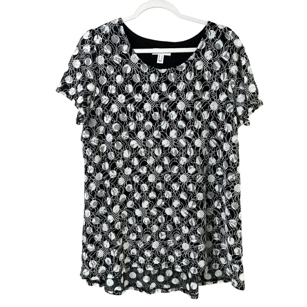 Susan Graver Lace Peplum Back Top Size L Black White Geometric Short Sleeve